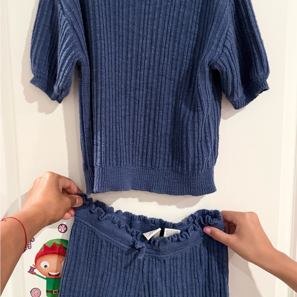 Blue Ribbed Knit Top and Bottom Set
